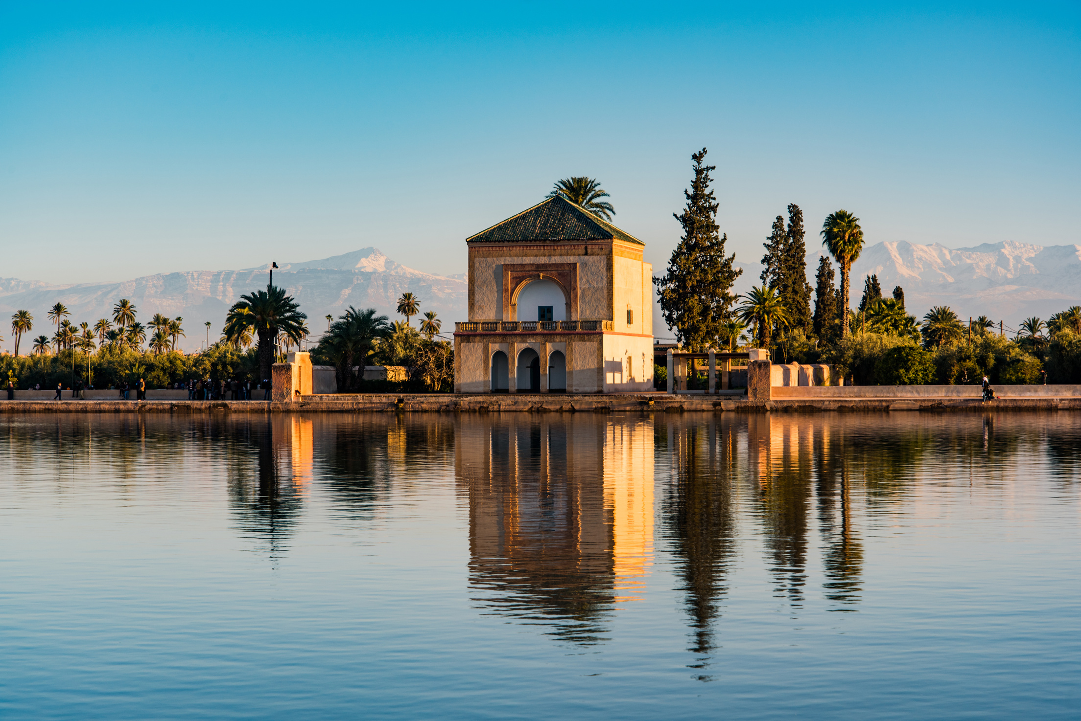 Saadian pavilion,Menara gardens and Atlas in Marrakech, Morocco, Africa